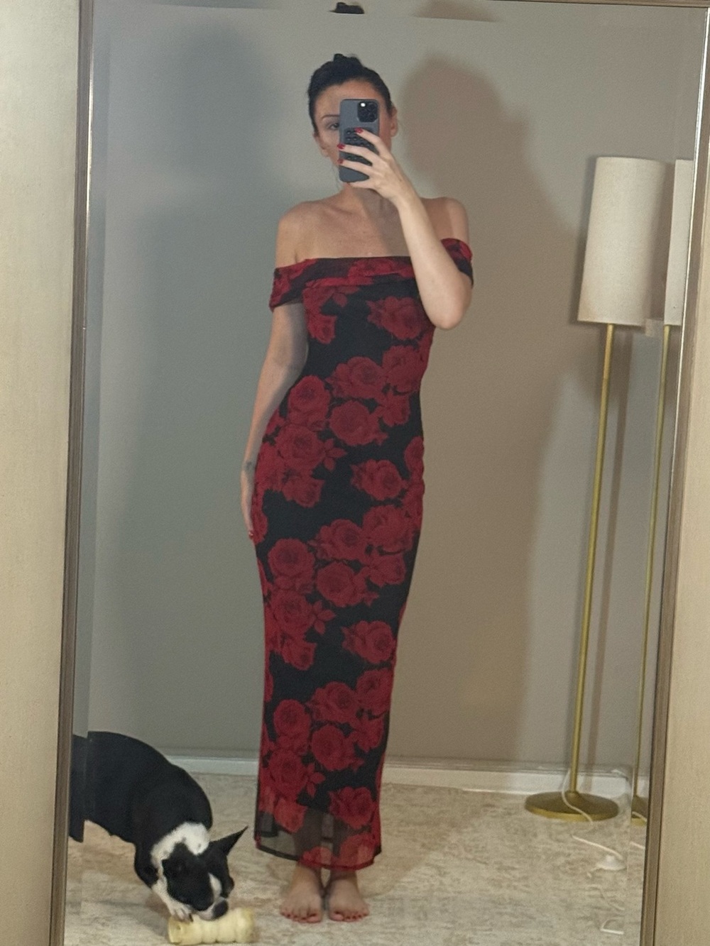 Off-Shoulder Black Dress with Red Floral Print